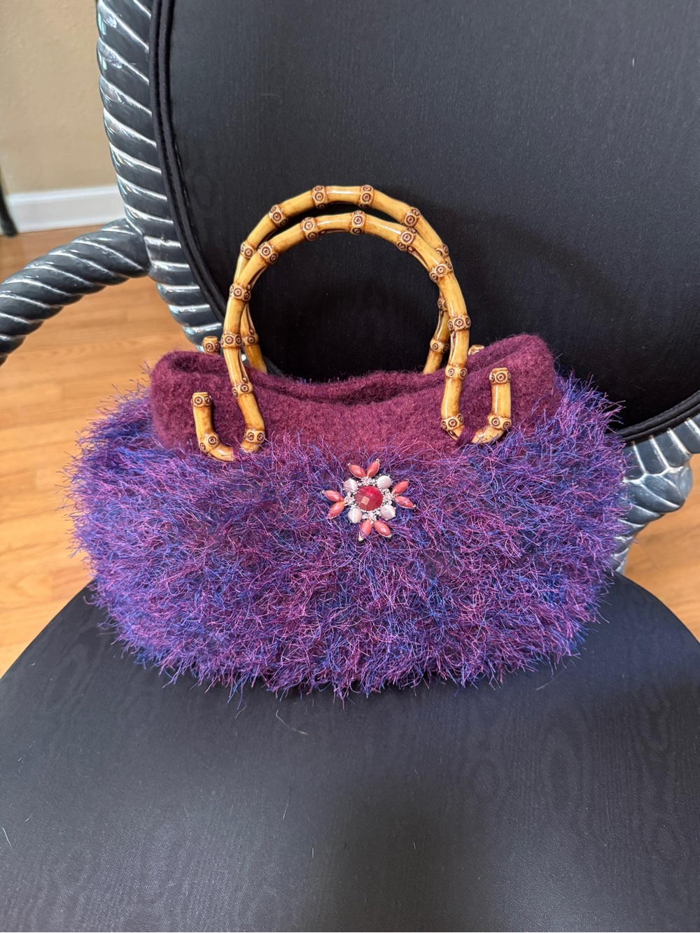Hand Knit Felted Hand Bag with Rhinestone Details, New